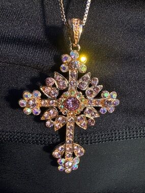 Kirks Folly Pink and Aurora Crystal Cross Pendant Necklace